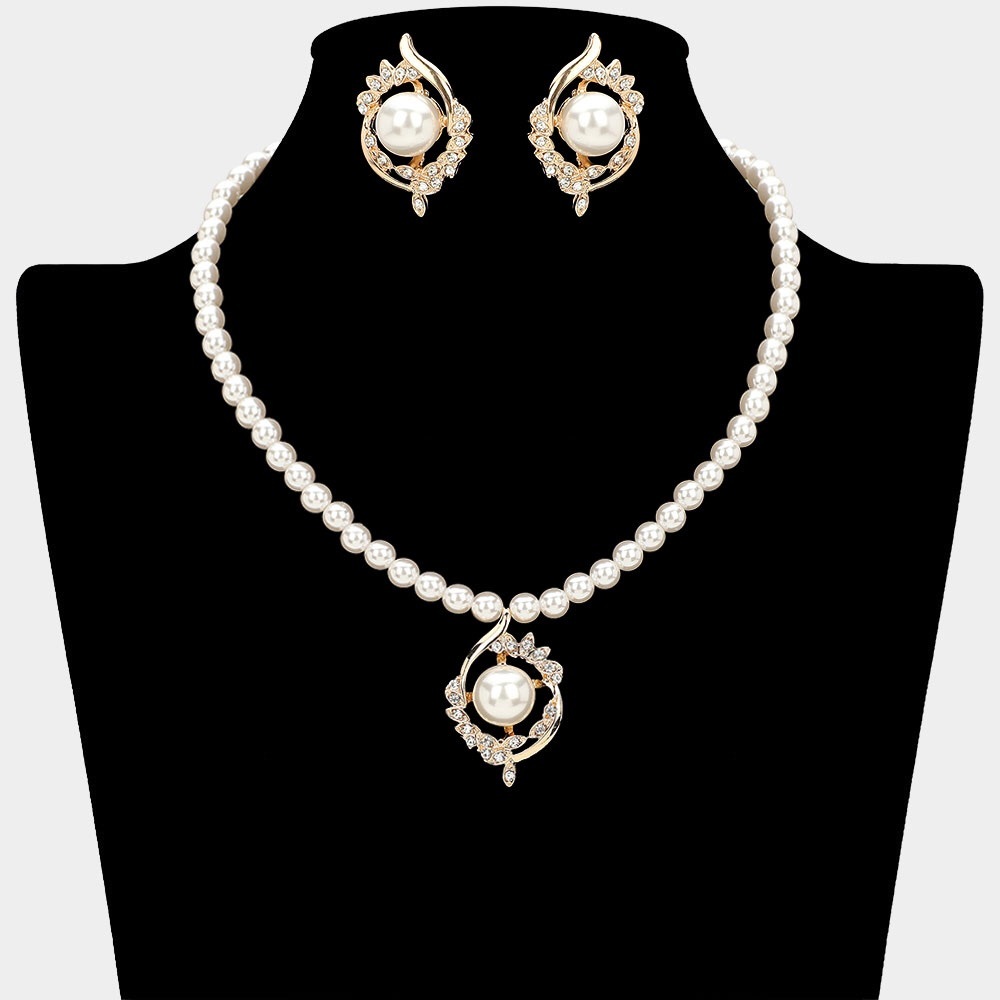 Elegant Pearl & Gold Pendant Statement Necklace Jewelry Set